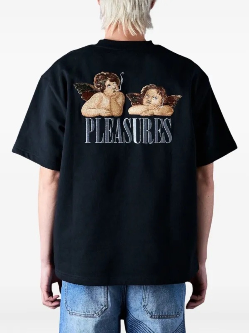 PLEASURES Black Tee with Red Logo Tag NWOT Medium - Picture 3 of 8